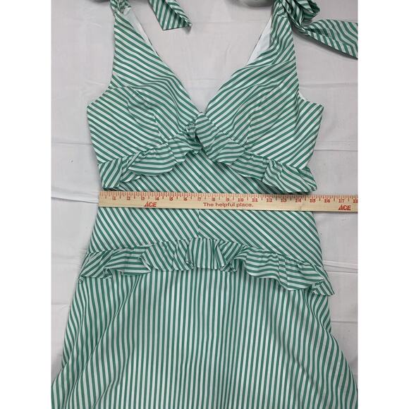BCBGeneration Tie Shoulder Green And White Stripe Ruffle Dress 6 - Picture 14 of 16